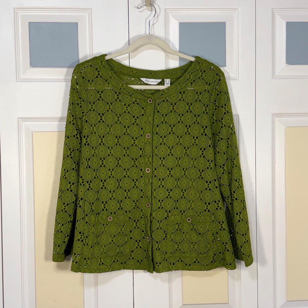 Susan Graver Womens L Olive Green Crochet Lace Button Front Cardigan A649292